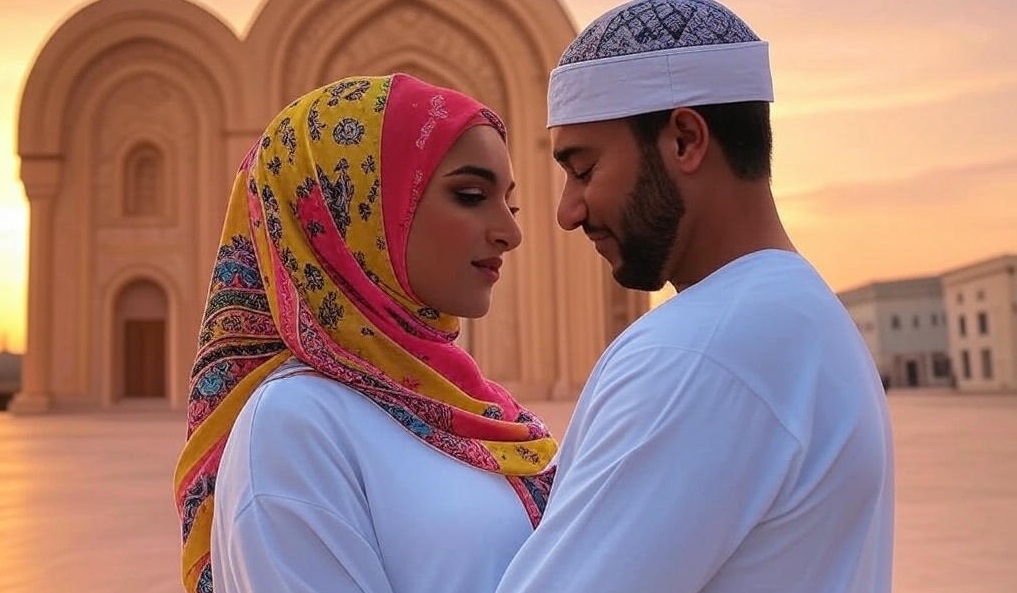 رجل يرتدي طاقية وامرأة مرتدية الحجاب يعانقان بعضهما، محاطان بقلب مضيء